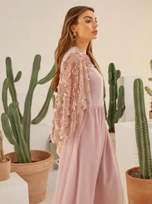 Modelyn Contrast Sequin Mesh Yoke Smock Dress - Dusty Pink - View 7