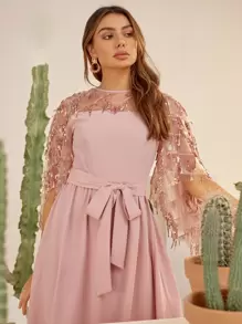 Modelyn Contrast Sequin Mesh Yoke Smock Dress - Dusty Pink - View 8