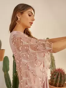 Modelyn Contrast Sequin Mesh Yoke Smock Dress - Dusty Pink - View 9