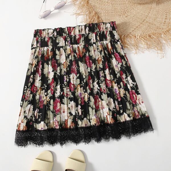 

Plus Floral Print Contrast Lace Skirt, Multicolor