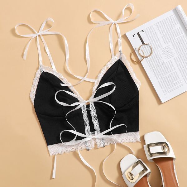 

Lace Trim Knotted Cami Top, Black