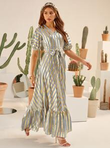 Mulvari Lantern Sleeve Belted Ruffle Hem Gold Striped Print Dress - Multicolor - View 1