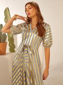 Mulvari Lantern Sleeve Belted Ruffle Hem Gold Striped Print Dress - Multicolor - View 2