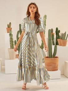 Mulvari Lantern Sleeve Belted Ruffle Hem Gold Striped Print Dress - Multicolor - View 4