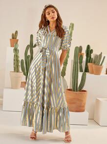 Mulvari Lantern Sleeve Belted Ruffle Hem Gold Striped Print Dress - Multicolor - View 6