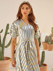 Mulvari Lantern Sleeve Belted Ruffle Hem Gold Striped Print Dress - Multicolor - View 8