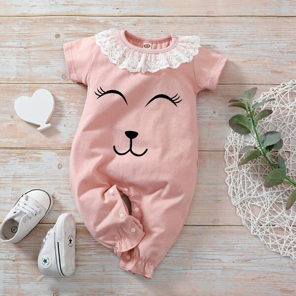 

Baby Girl Contrast Lace Ruffle Trim Cartoon Jumpsuit, Pink