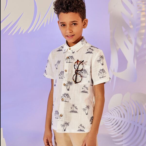 

Boys Pocket Front Tropical Print Shirt, White