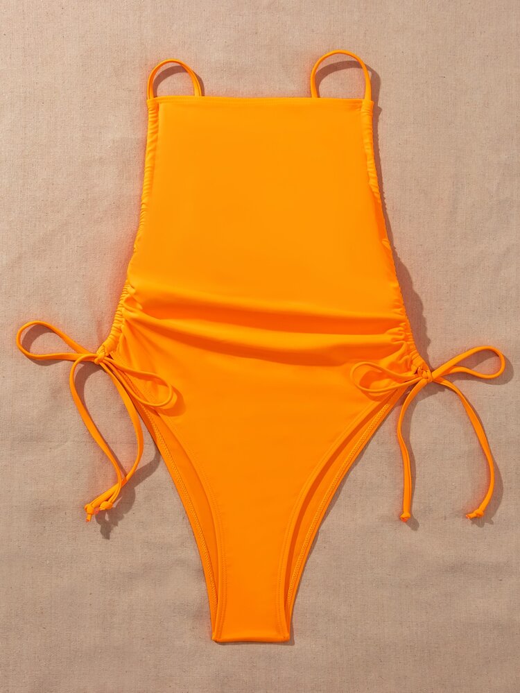 Tie Side One Piece Swimsuit, For Summer Beach Vacation - Orange - View 6