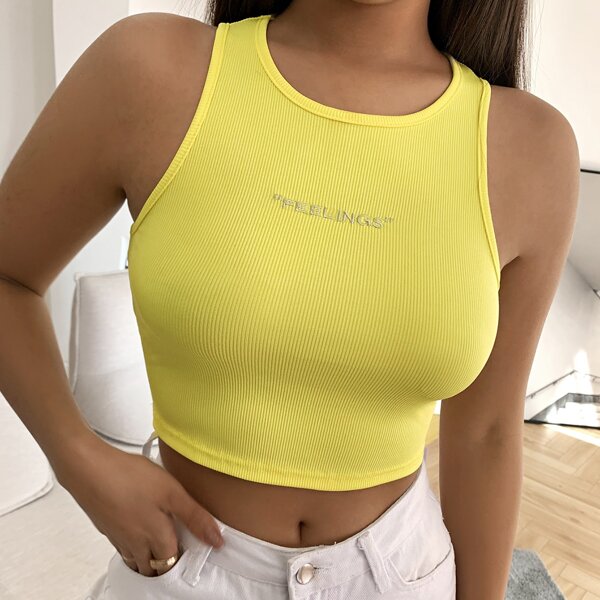 

Embroidered Letter Slim Tank Top, Yellow