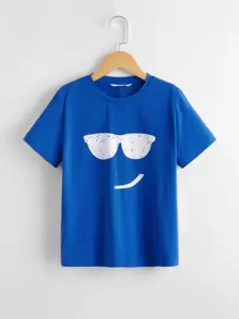 SHEIN Cậu bé Tween In kính râm Áo thun - Màu xanh lam - Xem 1