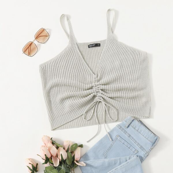 

Plus Drawstring Knot Ribbed Knit Top, Light grey