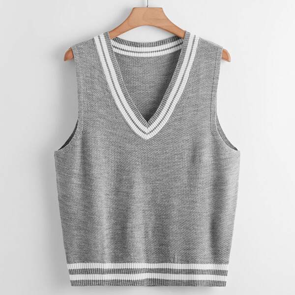 

Plus Striped Pattern Knit Vest, Grey