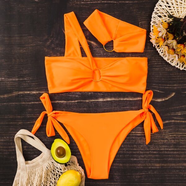 

Ring Linked Tie Side Bikini Swimsuit & Headband, Orange