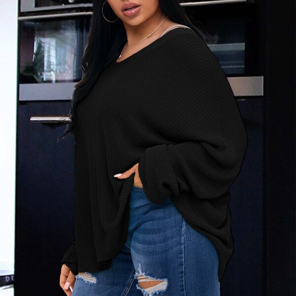 

Plus Solid Drop Shoulder Sweater, Black