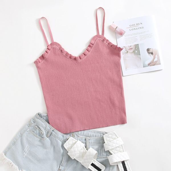 

Plus Frill Trim Solid Cami Knit Top, Dusty pink