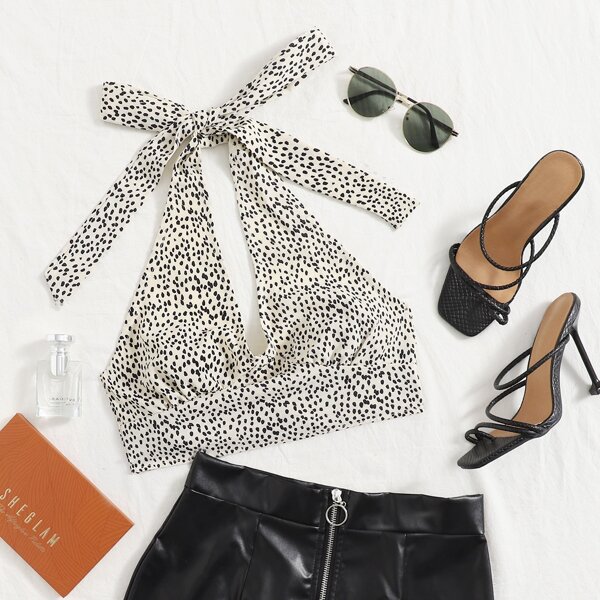 

All Over Print Tie Back Crop Halter Top, Black and white