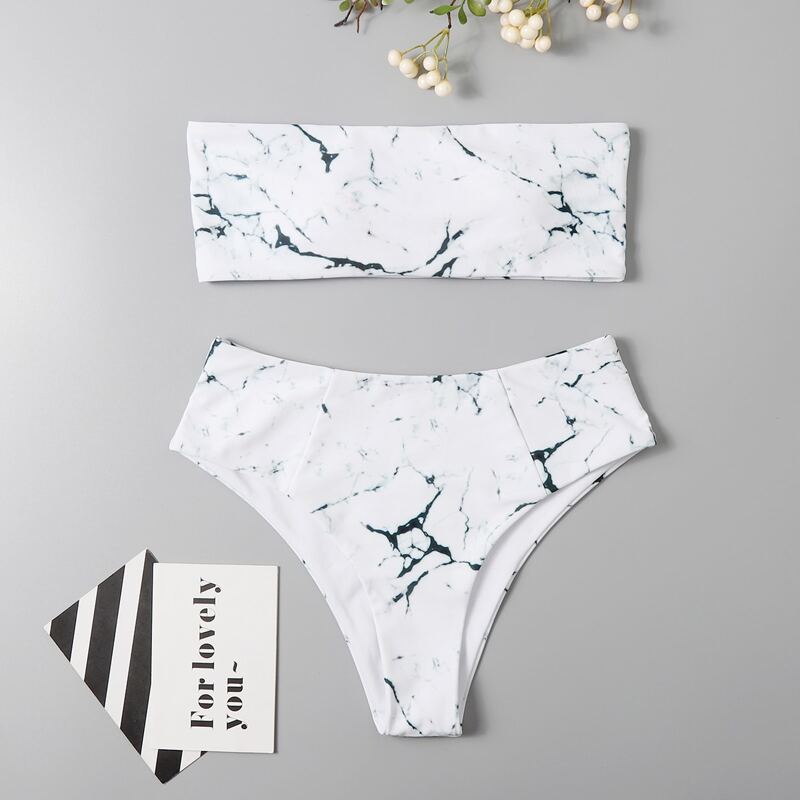 

Marble Pattern Bandeau Bikini Swimsuit, Multicolor