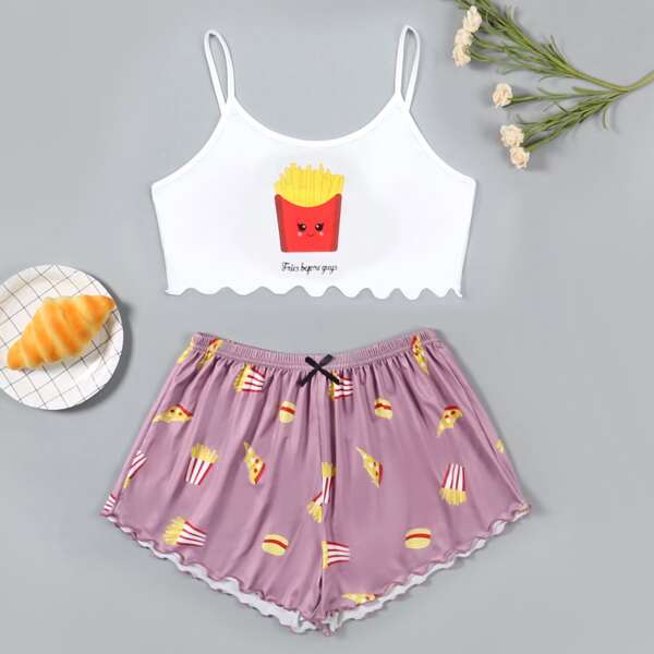

Letter & Cartoon Graphic Cami Pajama Set, Multicolor