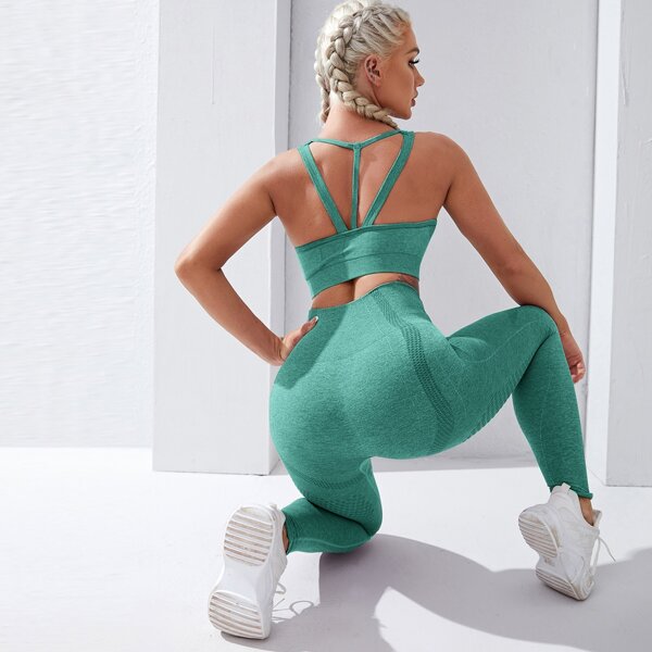 

Hollow Out Solid Sports Leggings, Green