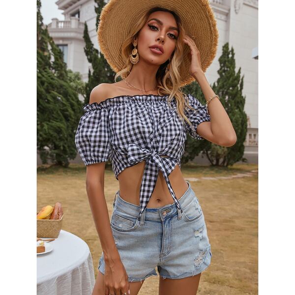 

Off Shoulder Knot Hem Gingham Blouse, Black and white