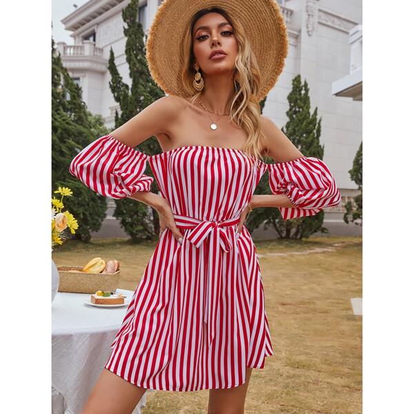 

Striped Self Tie Bardot Dress, Red and white