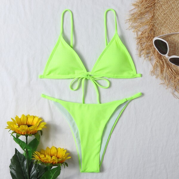 

Neon Lime Triangle Thong Bikini Swimsuit, Lime green