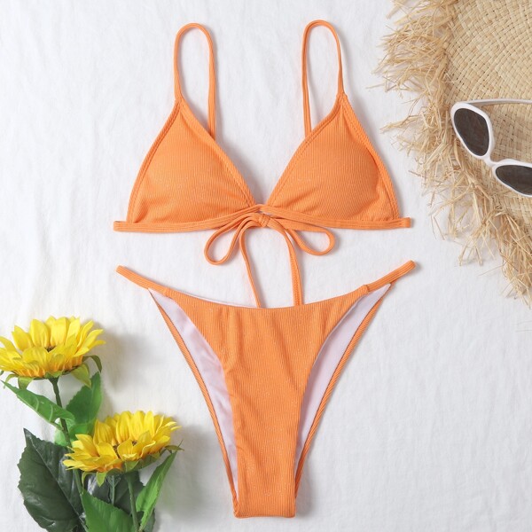 

Rib Tie Back Thong Bikini Swimsuit, Orange