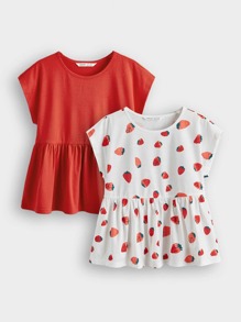 SHEIN Áo thun viền bèo nhún in họa tiết dâu tây cho bé gái tuổi mới lớn 2 gói - Đỏ và trắng - Xem 1