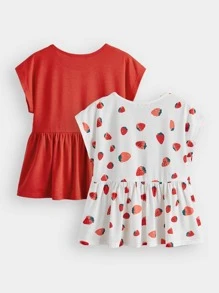 SHEIN Áo thun viền bèo nhún in họa tiết dâu tây cho bé gái tuổi mới lớn 2 gói - Đỏ và trắng - Xem 2