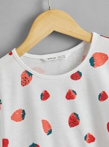 SHEIN Áo thun viền bèo nhún in họa tiết dâu tây cho bé gái tuổi mới lớn 2 gói - Đỏ và trắng - Xem 3