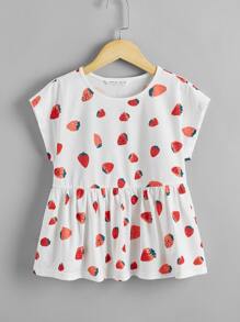 SHEIN Áo thun viền bèo nhún in họa tiết dâu tây cho bé gái tuổi mới lớn 2 gói - Đỏ và trắng - Xem 7