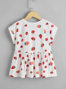 SHEIN Áo thun viền bèo nhún in họa tiết dâu tây cho bé gái tuổi mới lớn 2 gói - Đỏ và trắng - Xem 8