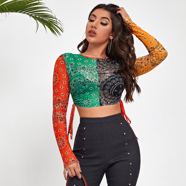 

Ruched Drawstring Side Paisley Colorblock Sheer Mesh Crop Top Without Bra, Multicolor