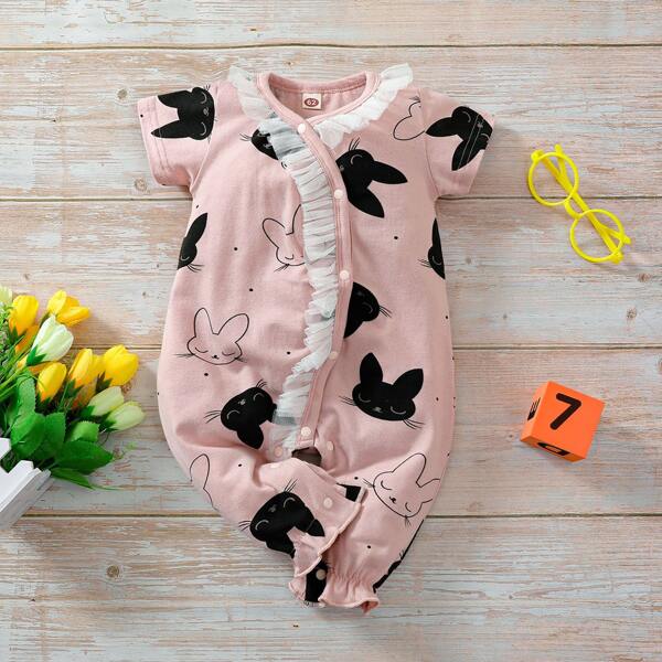 

Baby Girl Cartoon Graphic Contrast Mesh Jumpsuit, Baby pink