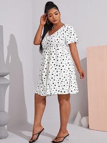 SHEIN 大碼V領星星圖案下擺連衣裙 - 白色 - 查看 5