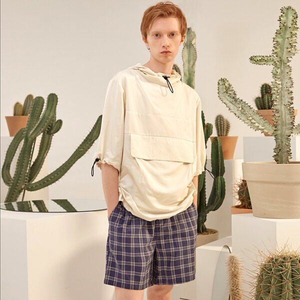 

Men Drawstring Waist Tartan Shorts, Navy blue