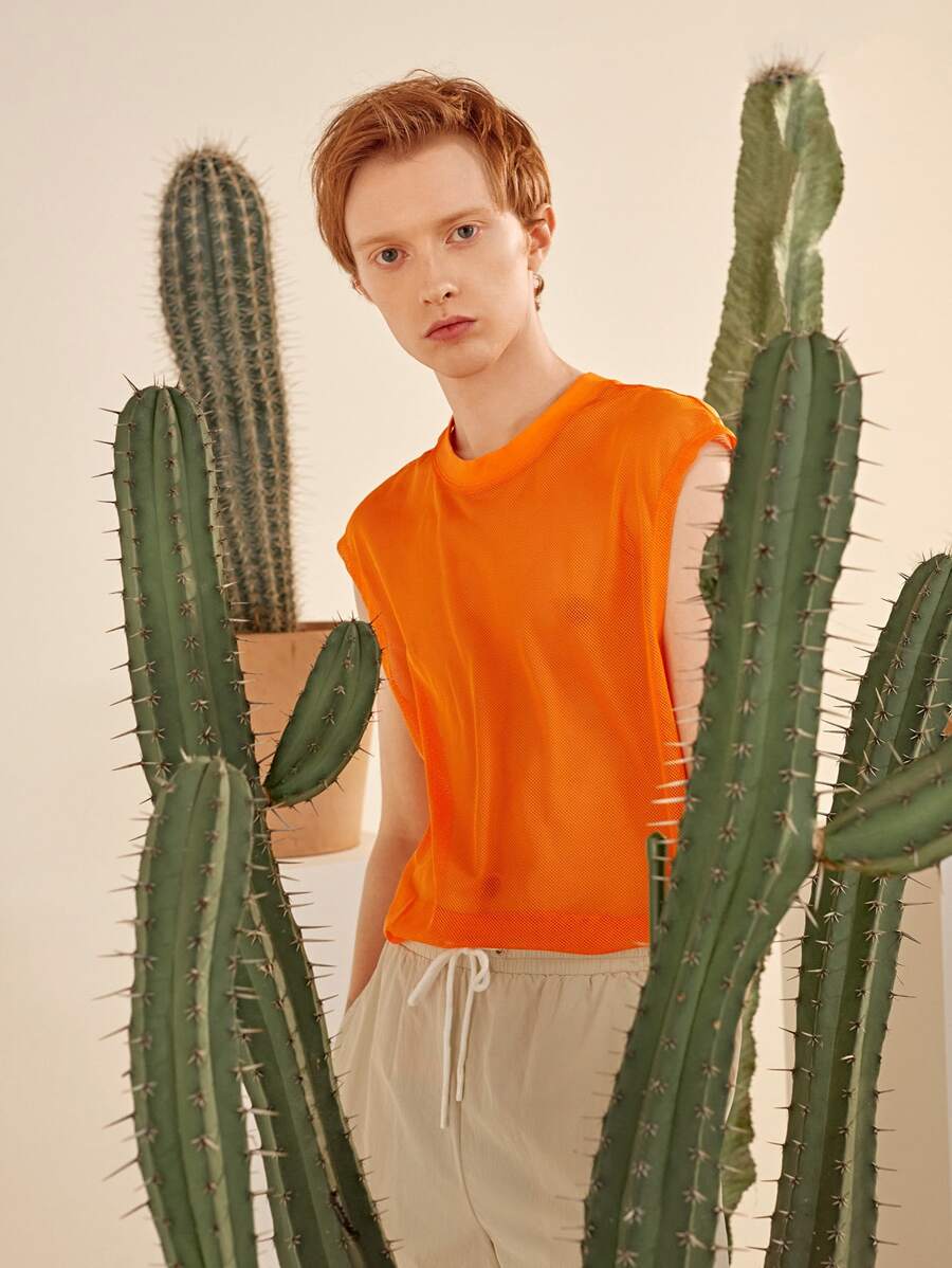 Manfinity Men Neon Orange Mesh Tank Top - Orange - View 1