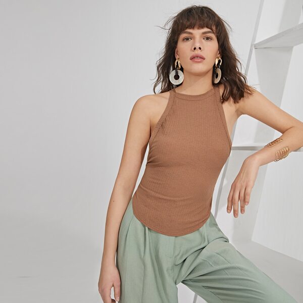 

Rib-knit Backless Cami Top, Brown