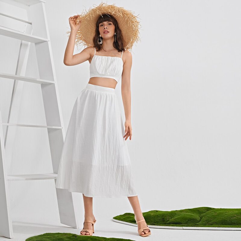 

Ruched Bust Crop Cami Top & Skirt Set, White