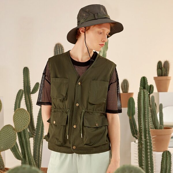 

Men Single Breasted Flap Pocket Jacket Vest, Army green