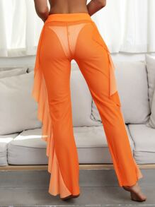 Mesh Ruffle Trim Cover Up Pants, For Summer Beach Vacation - Orange - View 2