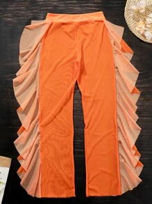 Mesh Ruffle Trim Cover Up Pants, For Summer Beach Vacation - Orange - View 3