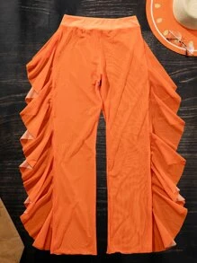 Mesh Ruffle Trim Cover Up Pants, For Summer Beach Vacation - Orange - View 7