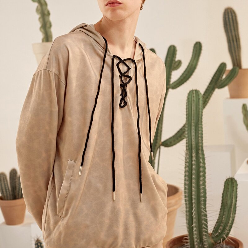 

Guys Lace Up Pocket Side Hoodie, Apricot