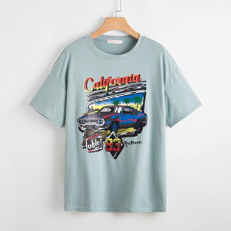 

Car & Letter Graphic Oversized Tee, Mint green