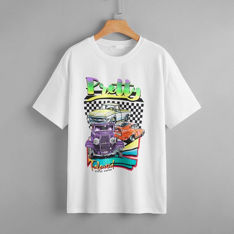 

Car & Letter Graphic Oversized Tee, White