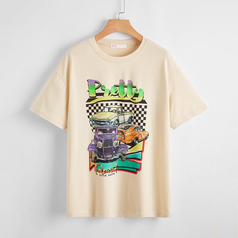 

Car & Letter Graphic Oversized Tee, Beige