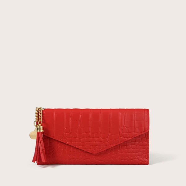 

Tassel Charm Croc Embossed Long Wallet, Red