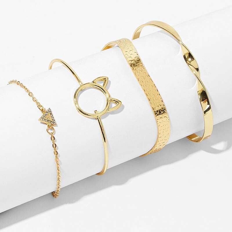 

4pcs Cat Ring & Rhinestone Bracelet, Gold